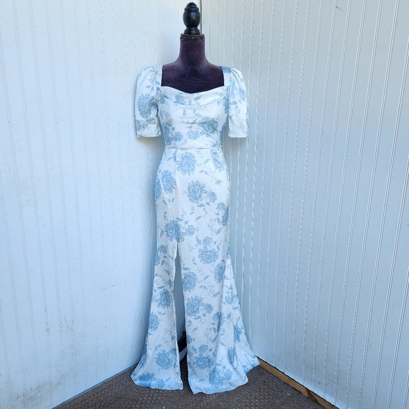 NWOT AW BRIDAL Dusty Blue White Peonies Satin Floral Mermaid Puff Sleeve Sz 0 - Picture 2 of 16